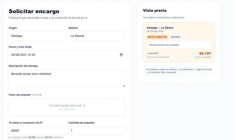 Búsqueda de viajes en MiCupo para enviar un encargo entre ciudades