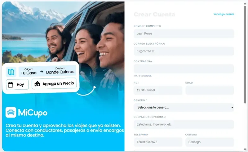 Formulario de registro de MiCupo: correo, RUT y teléfono para crear tu cuenta